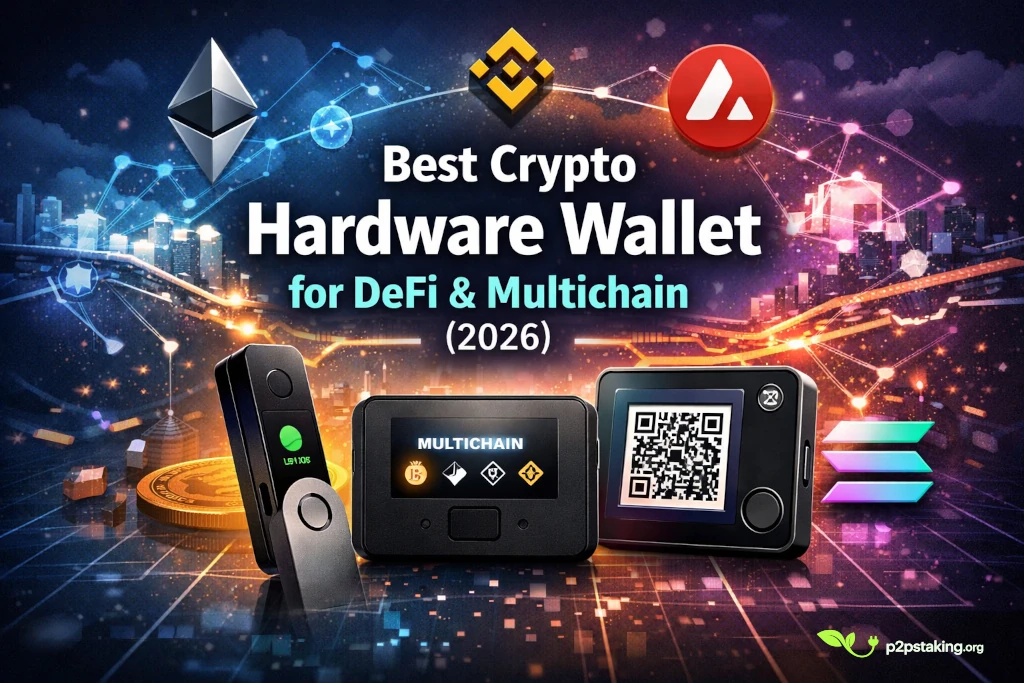 Best crypto hardware wallet for DeFi and multichain infographic showing Ledger Nano X, BitBox02 and SafePal with blockchain networks and crypto ecosystems
