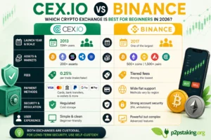 cex io vs binance comparison infographic showing fees assets security and user experience for beginners