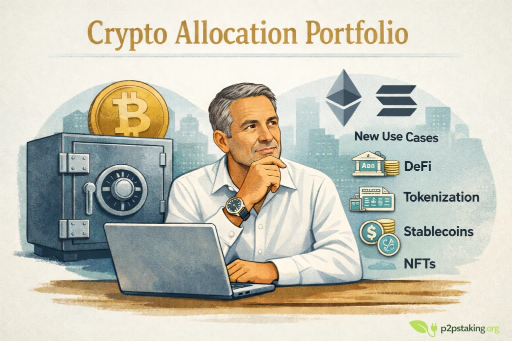 Crypto Allocation Portfolio illustration showing strategic capital allocation between Bitcoin store of value and smart contract infrastructure assets