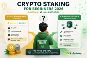 crypto staking for beginners infographic showing custodial vs non custodial staking with exchange vs validator comparison