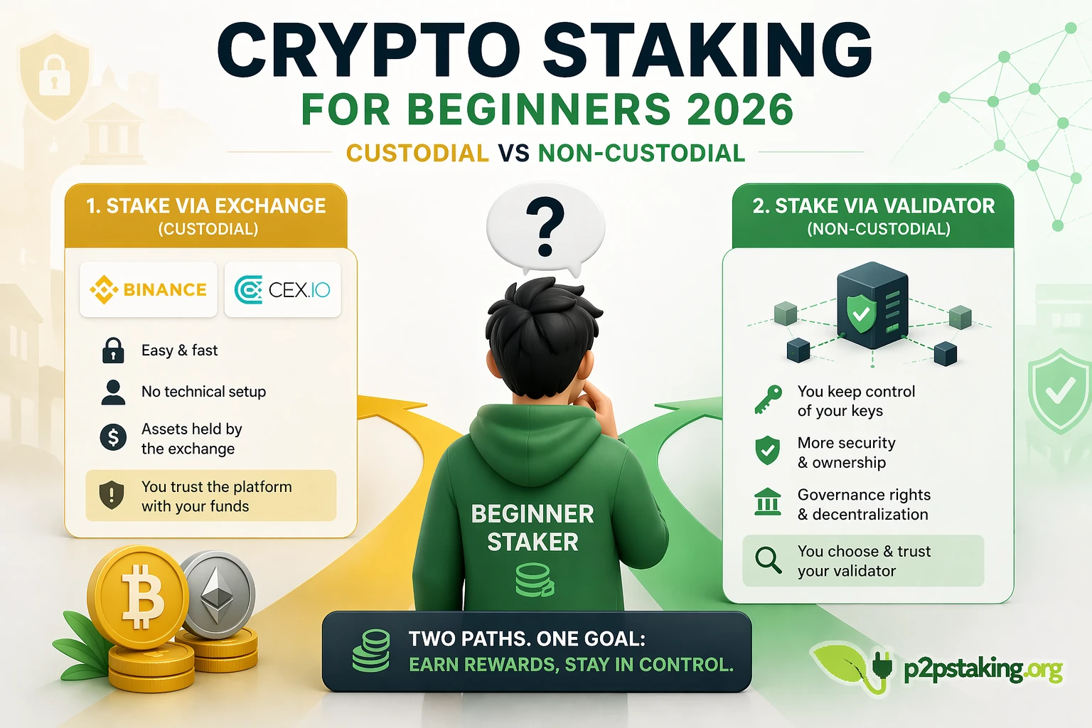 crypto staking for beginners infographic showing custodial vs non custodial staking with exchange vs validator comparison