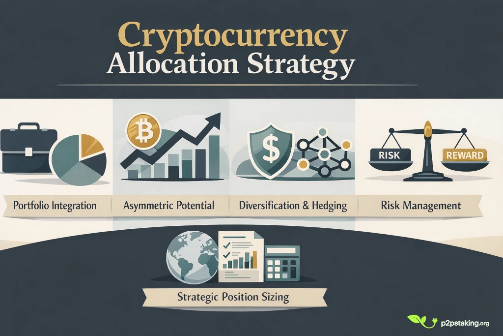 Cryptocurrency Allocation Strategy – visual overview of portfolio integration, asymmetric potential, diversification, risk management and strategic position sizing in crypto investing