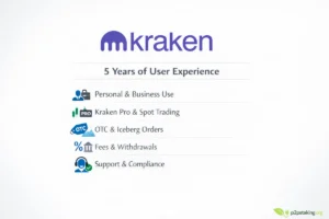 Kraken review visual summary showing 5 years of experience including Kraken Pro review, OTC trading, fees, withdrawals and compliance