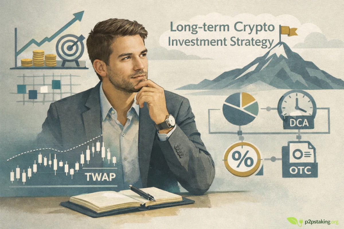 Thoughtful investor in his thirties reviewing a long-term crypto investment strategy, surrounded by visual elements representing capital allocation, DCA, TWAP, OTC execution, and structured market analysis in a muted teal and gold palette.