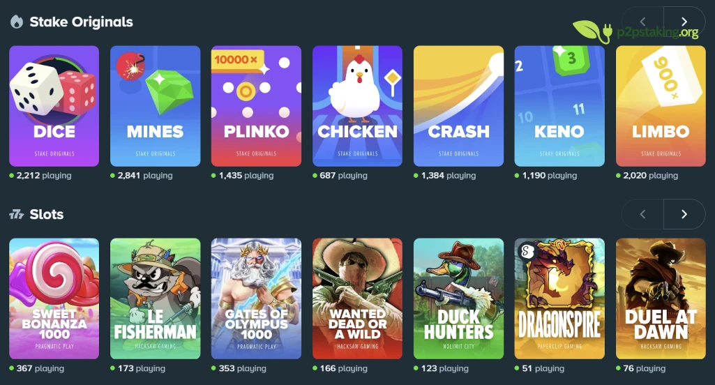 Stake Originals interface showing several provably fair games such as Dice, Mines, Plinko, Crash and Limbo. The number of active players is visible under each game.