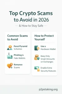 crypto scams to avoid in 2026 infographic showing phishing, fake exchanges and Ponzi schemes with tips to protect crypto using hardware wallets