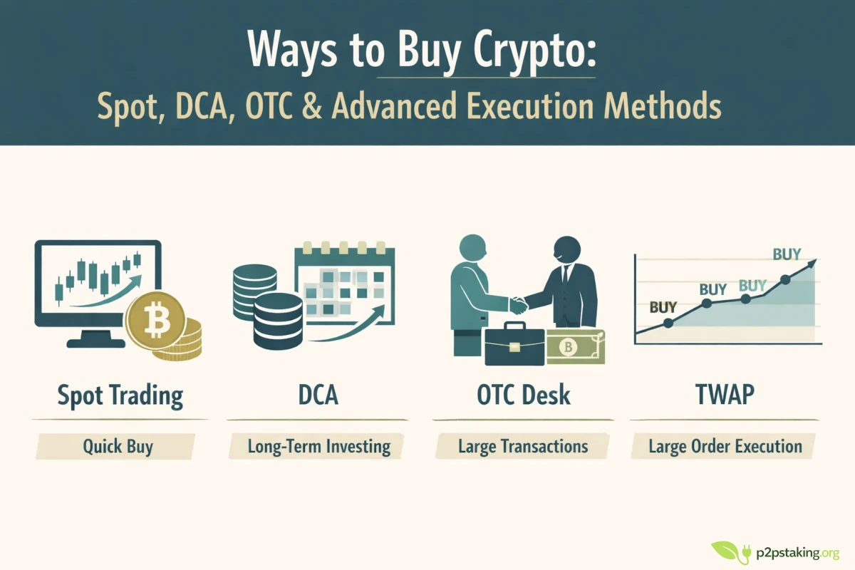 Ways to buy crypto infographic showing Spot Trading for quick purchases, DCA for long-term accumulation, OTC desks for large transactions, and TWAP for structured large-order execution, illustrated with minimalist icons and a muted teal and gold palette.