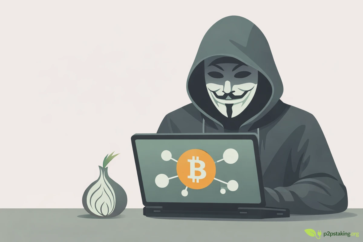 A privacy-focused crypto user operating a Bitcoin node with Tor support on a laptop.