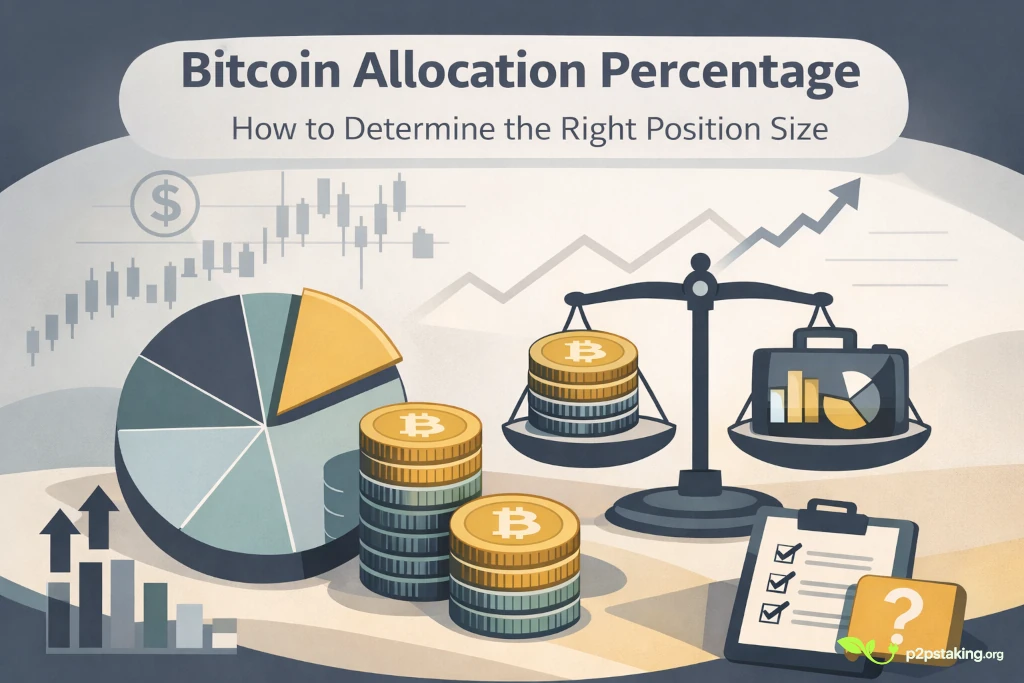 Bitcoin Allocation Percentage featured image showing a portfolio pie chart with a highlighted Bitcoin slice, stacked Bitcoin coins on a balance scale, financial growth charts in the background, and the title “Bitcoin Allocation Percentage – How to Determine the Right Position Size” displayed at the top.