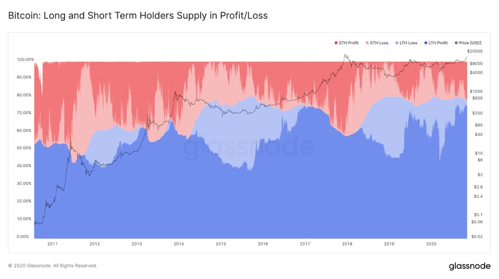 btc long and short term holders supply in profitloss