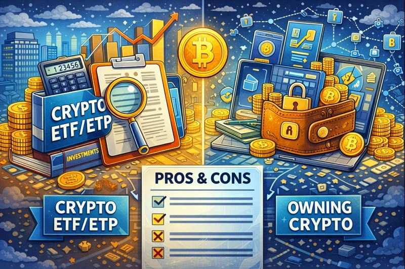 Illustration comparing crypto ETFs and ETPs with owning crypto directly, highlighting differences between financial exposure and self-custody ownership