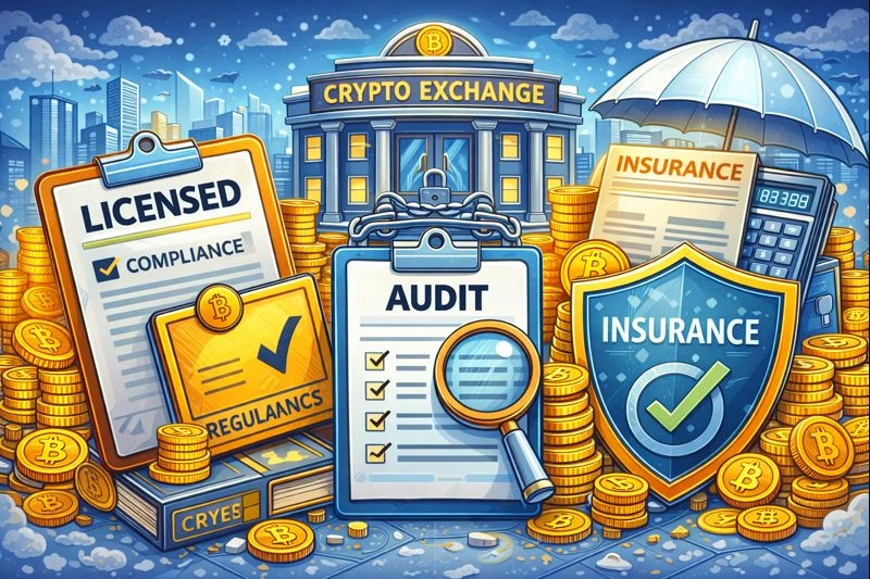 Illustration showing a crypto exchange with licensing, audit, and insurance symbols, highlighting compliance and risk management in crypto custody