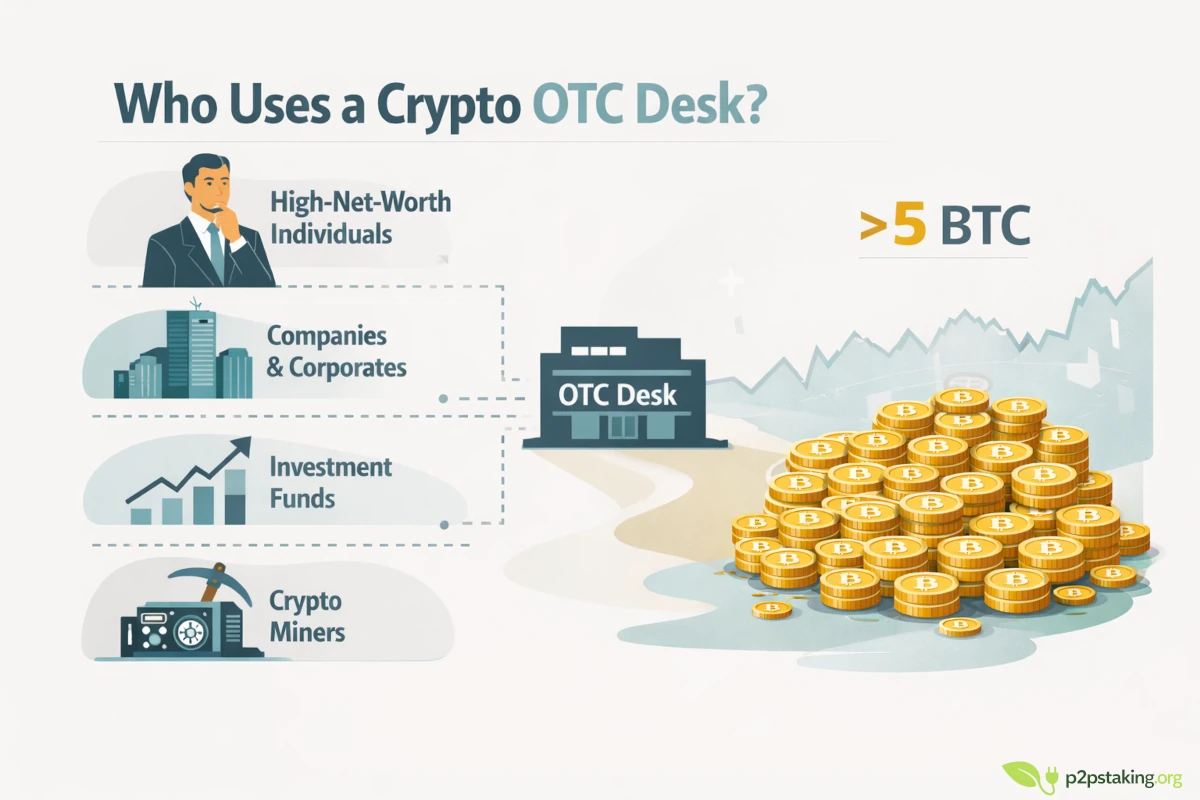 Crypto OTC desk infographic showing high-net-worth individuals, companies, funds, and miners executing large Bitcoin trades above 5 BTC
