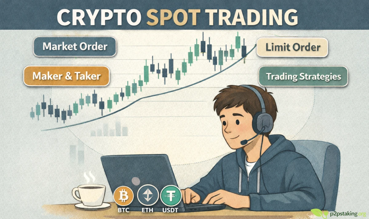 Crypto spot trading illustration showing candlestick chart, market and limit orders, and BTC, ETH, and USDT logos with a beginner trader on laptop