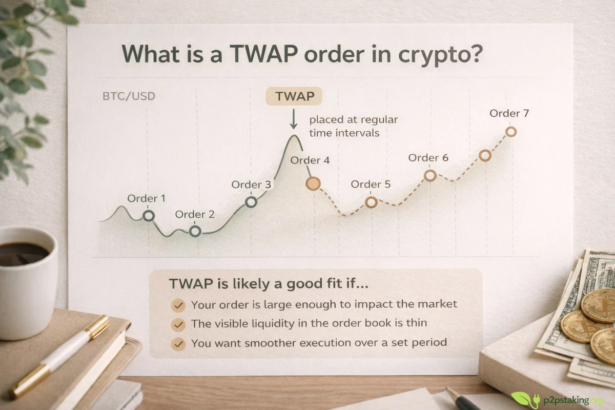 TWAP crypto order example showing BTC/USD price chart with regular time-based executions placed at market price