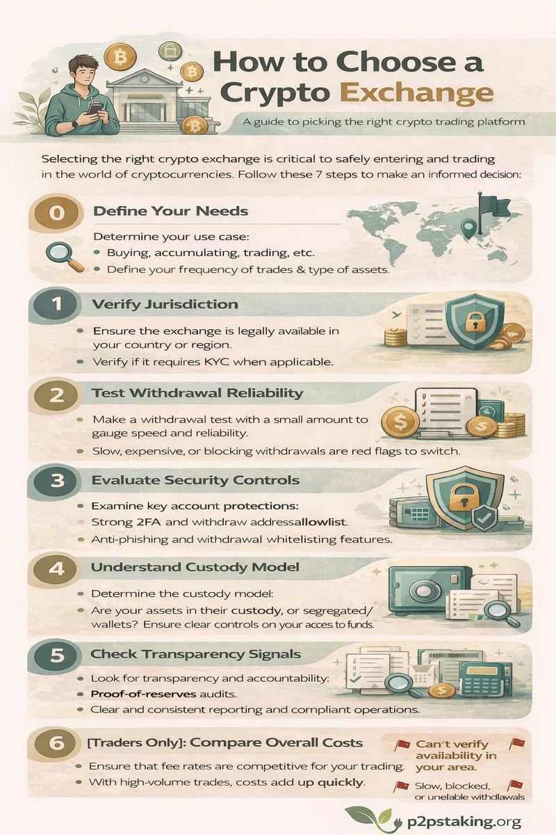 Vertical infographic titled “How to Choose a Crypto Exchange” explaining a step-by-step process to select a safe crypto trading platform. 