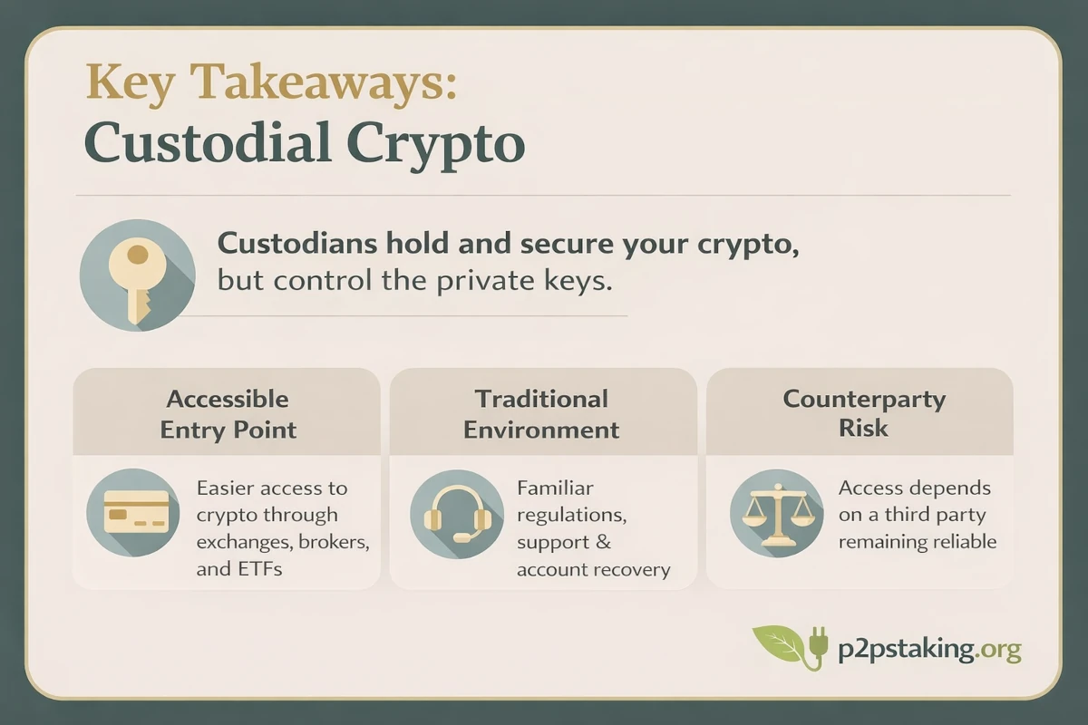 Key takeaways infographic explaining custodial crypto, showing that platforms hold private keys while offering easier access, a traditional user experience, and exposure to counterparty risk.