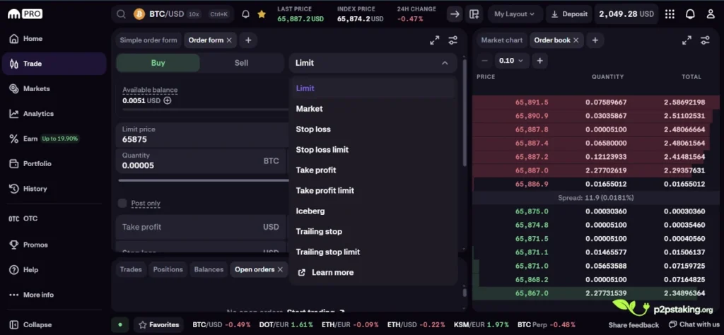Order types on Kraken Pro interface