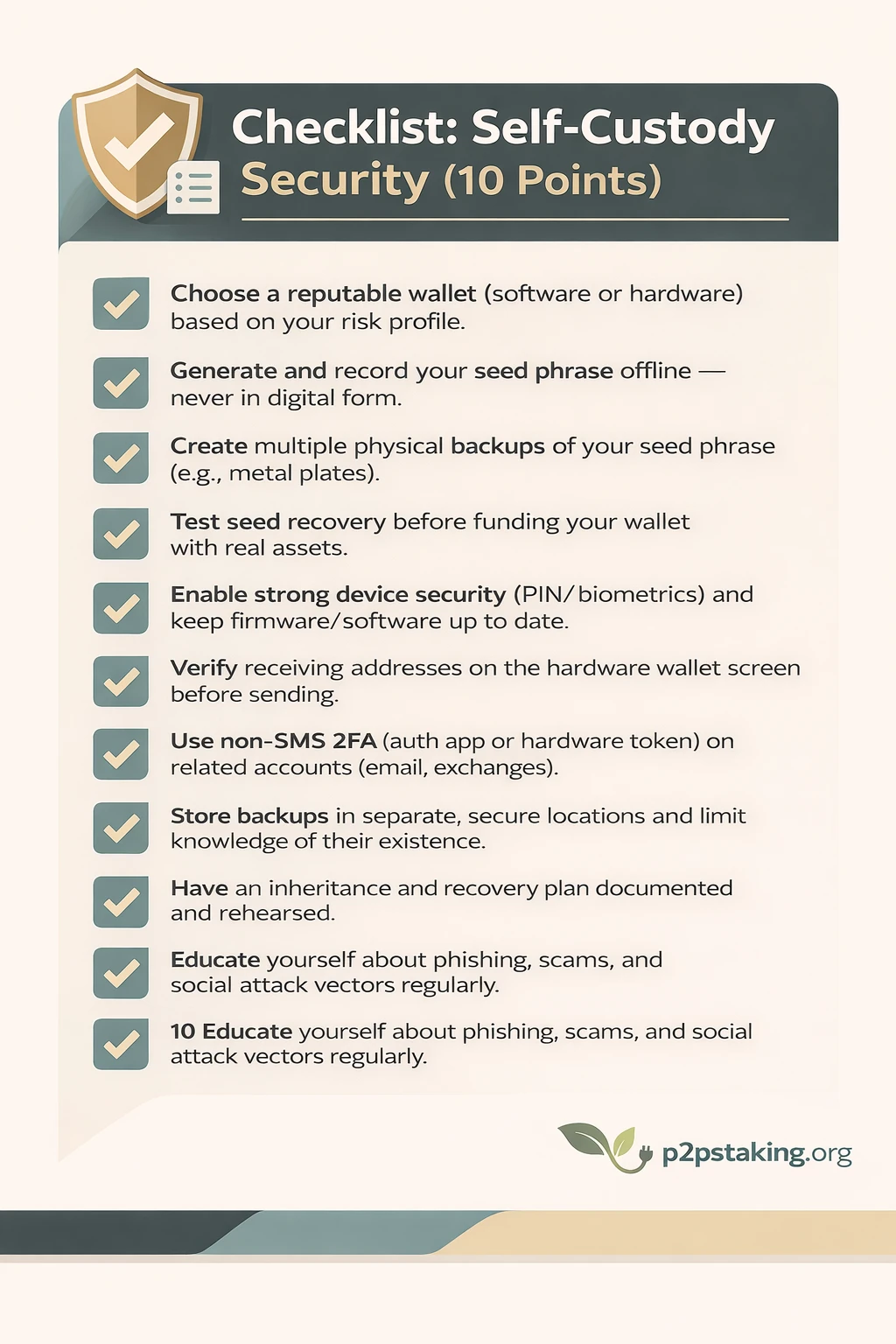 Infographic showing a self-custody security checklist with 10 essential steps, including choosing a reputable wallet, securing and backing up the seed phrase offline, testing wallet recovery, enabling strong device security, using non-SMS 2FA, storing backups securely, planning inheritance, and protecting against phishing and scams, with the p2pstaking.org logo at the bottom right.