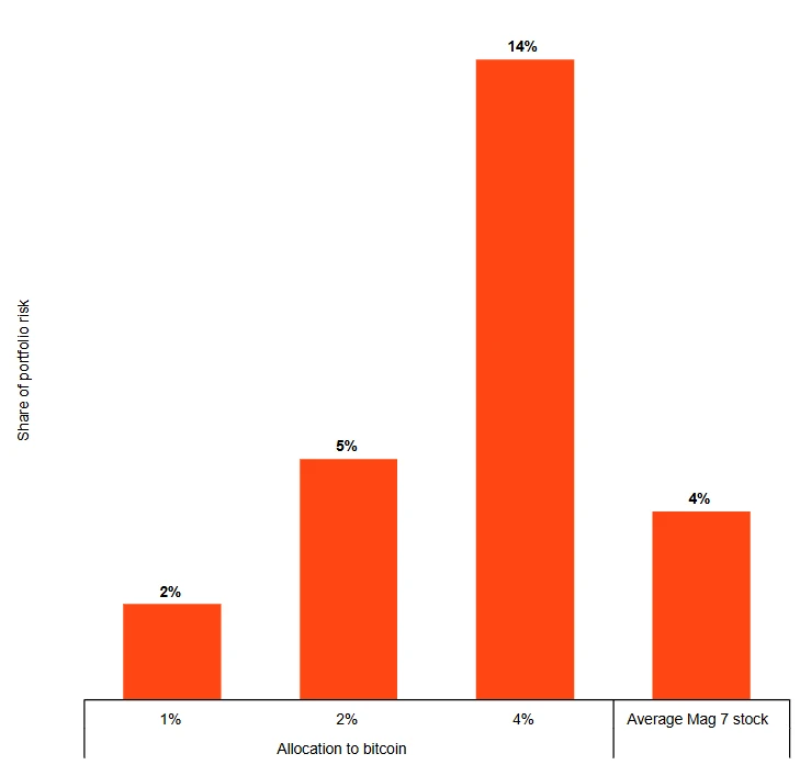 Source: BlackRock Investment Institute with data from Bloomberg, December 2024. Notes: The chart shows bitcoin’s share of portfolio risk in a hypothetical 60-40 stock-bond portfolio at different allocations based on risk contribution. It also shows what share “magnificent 7” stocks (Alphabet, Amazon, Apple, Meta, Microsoft, Nvidia and Tesla) add to overall risk on average based on their current index weights. 