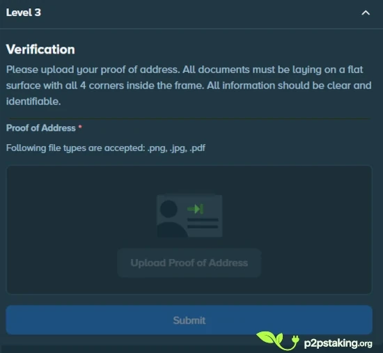 Stake KYC verification level 3 screen requesting proof of address document upload.