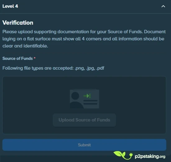 Stake KYC verification level 4 interface asking for source of funds documentation.