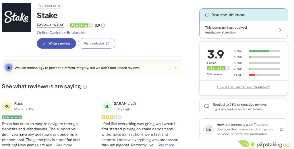 trustpilot stake review page