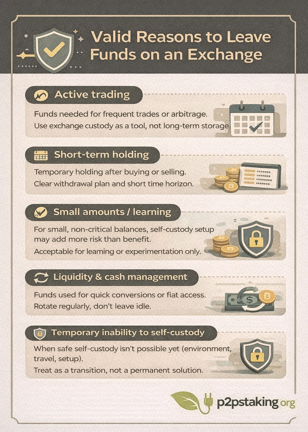 “Valid Reasons to Leave Funds on an Exchange” explaining when keeping crypto on an exchange can be reasonable. It lists five cases: active trading, short-term holding, small amounts for learning, liquidity and cash management, and temporary inability to self-custody safely
