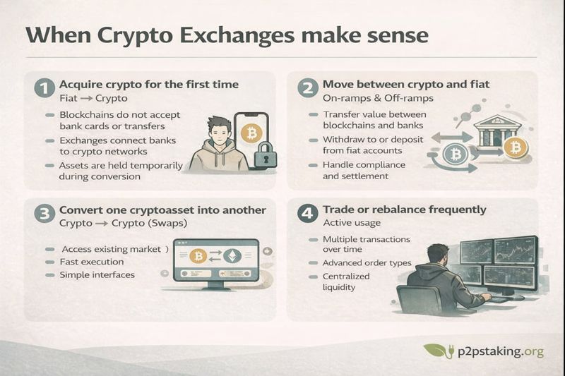 Infographic titled ‘When custodial makes sense,’ divided into four numbered sections.
- Acquire Crypto
- On/Off-ramp 
- Swap
- Trade frequently